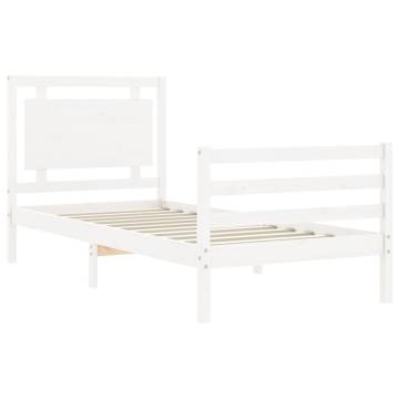 White Small Single Bed Frame with Headboard - Solid Wood