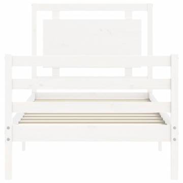 White Small Single Bed Frame with Headboard - Solid Wood