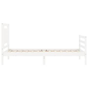 White Small Single Bed Frame with Headboard - Solid Wood