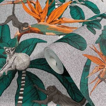 Noordwand Topchic Monkey Jungle Leaves Wallpaper - Green & Grey