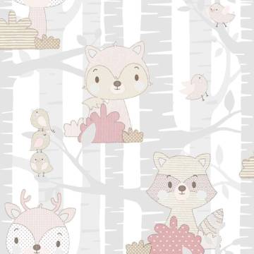 Noordwand Mondo Baby Wallpaper - Forest Animals Grey & Pink