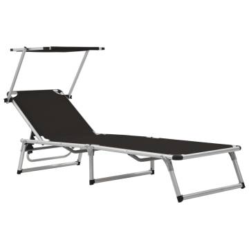 Folding Sun Lounger with Roof | Aluminium & Textilene Black