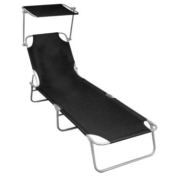 Folding Sun Lounger with Canopy - Black Aluminium | HipoMarket