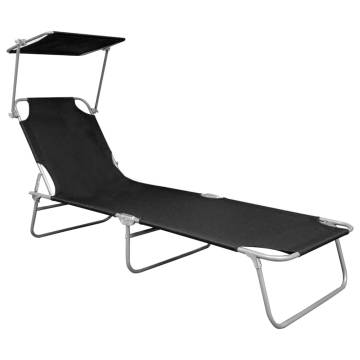 Folding Sun Lounger with Canopy - Black Aluminium | HipoMarket