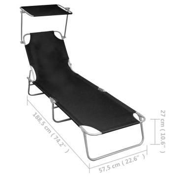 Folding Sun Lounger with Canopy - Black Aluminium | HipoMarket