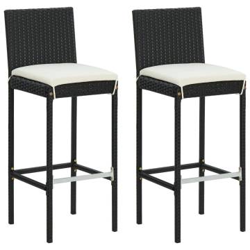 Garden Bar Stools with Cushions - 2 pcs Black Poly Rattan