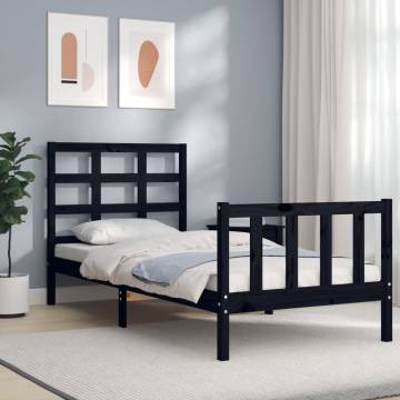 Black Small Single Bed Frame with Headboard | Solid Pine Wood