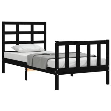 Black Small Single Bed Frame with Headboard | Solid Pine Wood