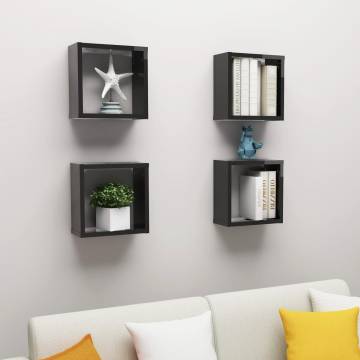 High Gloss Black Wall Cube Shelves - 4 pcs | Hipomarket UK