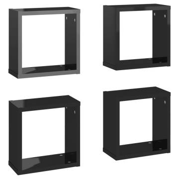 High Gloss Black Wall Cube Shelves - 4 pcs | Hipomarket UK