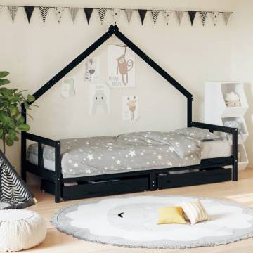 Kids Bed Frame with Drawers Black - Solid Pine Wood 80x200 cm