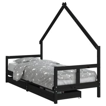 Kids Bed Frame with Drawers Black - Solid Pine Wood 80x200 cm