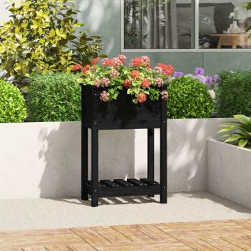 Black Pine Wood Planter with Shelf - 54x34.5x81 cm