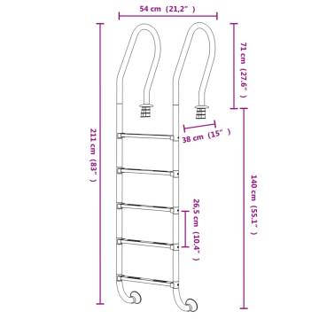 Durable Pool Ladder 54x38x211 cm in 304 Stainless Steel