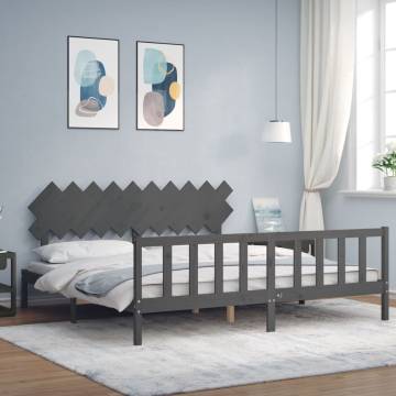 Grey Solid Wood Bed Frame with Headboard - 200x200 cm