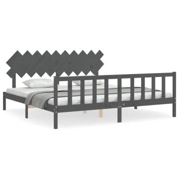 Grey Solid Wood Bed Frame with Headboard - 200x200 cm