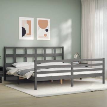 Grey Bed Frame with Headboard - Solid Wood 200x200 cm