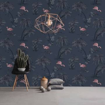 DUTCH WALLCOVERINGS Flamingo Wallpaper - Petrol Blue