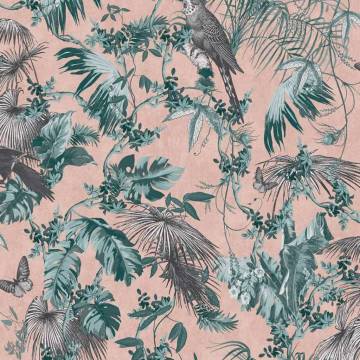 DUTCH WALLCOVERINGS Leaves and Birds Wallpaper - Green & Pink