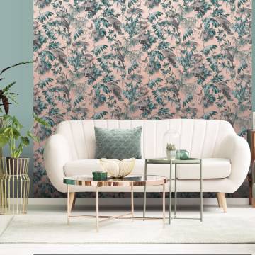 DUTCH WALLCOVERINGS Leaves and Birds Wallpaper - Green & Pink