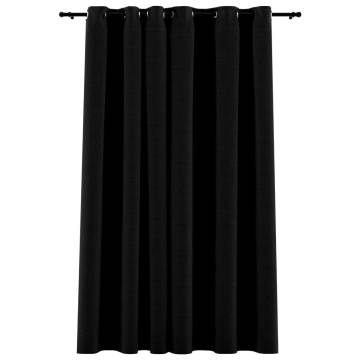 Linen-Look Blackout Curtains with Grommets - Black 290x245cm