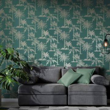 DUTCH WALLCOVERINGS Tropical Trees Wallpaper - Teal & Silver