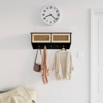 Wall-Mounted Coat Rack | Black Engineered Wood & Rattan