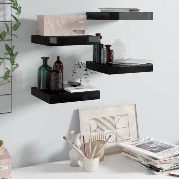 Stylish High Gloss Black Floating Wall Shelves - Set of 4