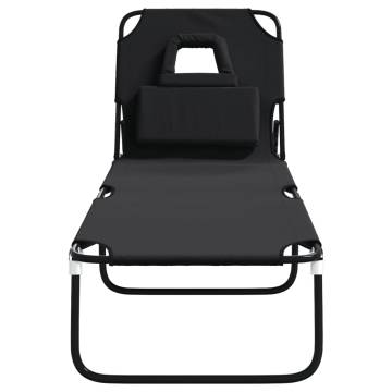 Folding Sun Lounger - Black Oxford Fabric & Steel