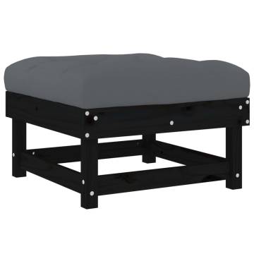 Garden Footstool with Cushion - Black Solid Pine Wood