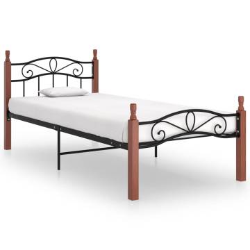 Black Metal & Solid Oak Bed Frame 90x200 cm | Hipo Market