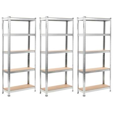 Durable Storage Shelves Set - 3 Pcs Silver Steel & MDF | HipoMarket