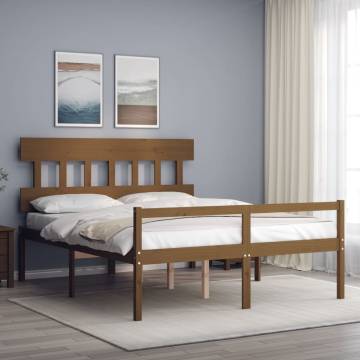 Honey Brown King Size Solid Wood Bed Frame with Headboard