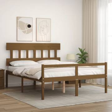 Honey Brown King Size Solid Wood Bed Frame with Headboard