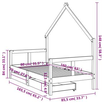 Kids Bed Frame with Drawers - Solid Pine Wood 80x160 cm