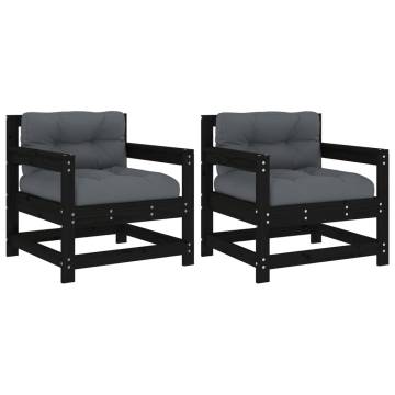 Garden Chairs with Cushions - Black Solid Wood Pine (2 pcs)