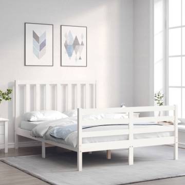 White Small Double Bed Frame with Headboard | Solid Wood Design