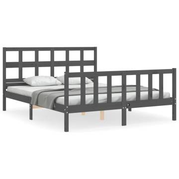 Grey King Size Bed Frame with Headboard - Solid Wood Construction