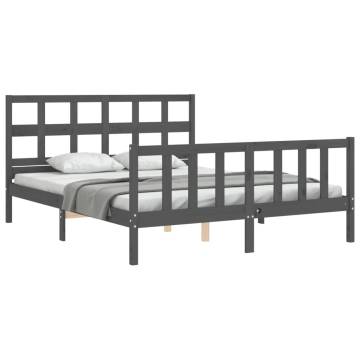 Grey King Size Bed Frame with Headboard - Solid Wood Construction