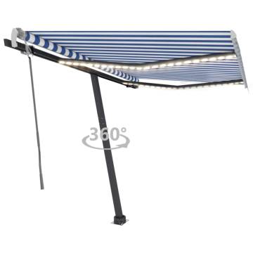 Manual Retractable Awning with LED - Blue & White 300x250 cm