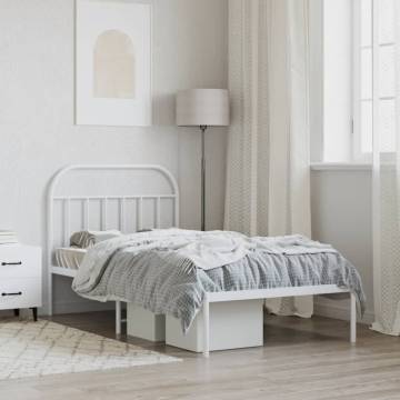 Sturdy White Metal Bed Frame with Headboard - 100x190 cm