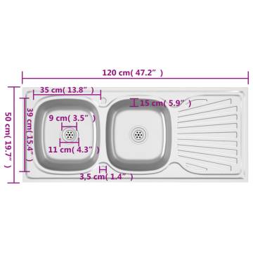 Double Stainless Steel Kitchen Sink - 1200x500 mm | HipoMarket