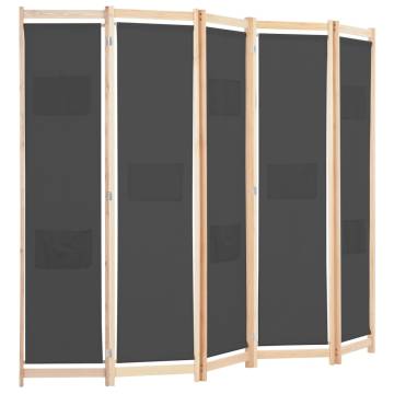 Stylish 5-Panel Room Divider Grey - 200x170 cm