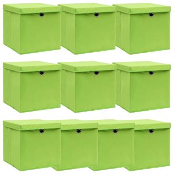 10 Pack Green Storage Boxes with Lids - Durable & Foldable