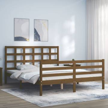 Honey Brown King Size Bed Frame with Headboard - Solid Wood