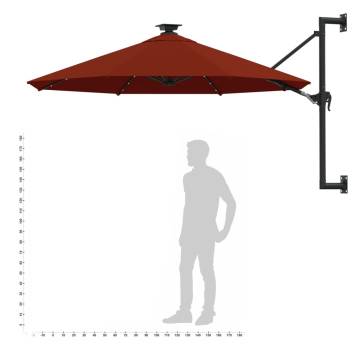 Wall-Mounted Parasol with LEDs & Metal Pole - 300 cm Terracotta