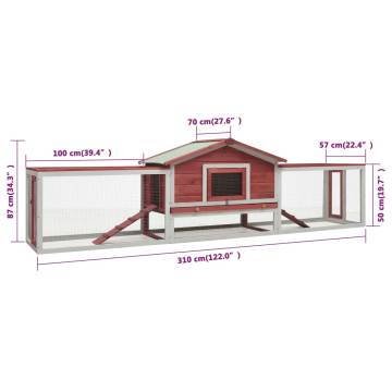 Rabbit Hutch Red - 310x70x87 cm Solid Pine & Fir Wood