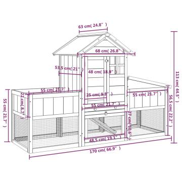 Rabbit Hutch Grey 170x63x113 cm - Solid Pine Wood | HipoMarket