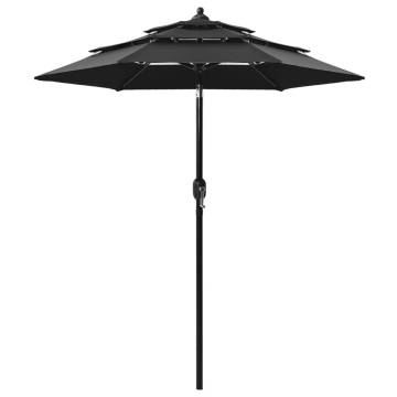 3-Tier Black Parasol with Aluminium Pole - 2m Outdoor Umbrella