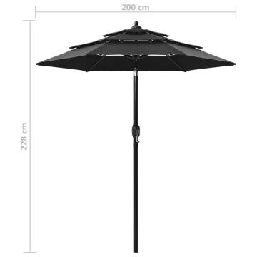 3-Tier Black Parasol with Aluminium Pole - 2m Outdoor Umbrella